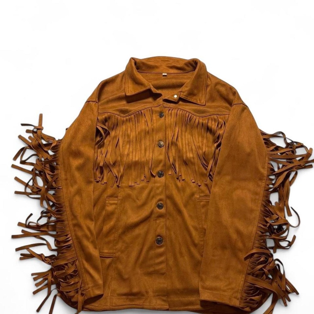 Hengsheng Jeans Camel Faux Suede Western Fringe Shacket